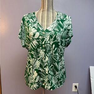 NWT Joie 100% Linen Green and White tropical print Blouse Relaxed Fit M